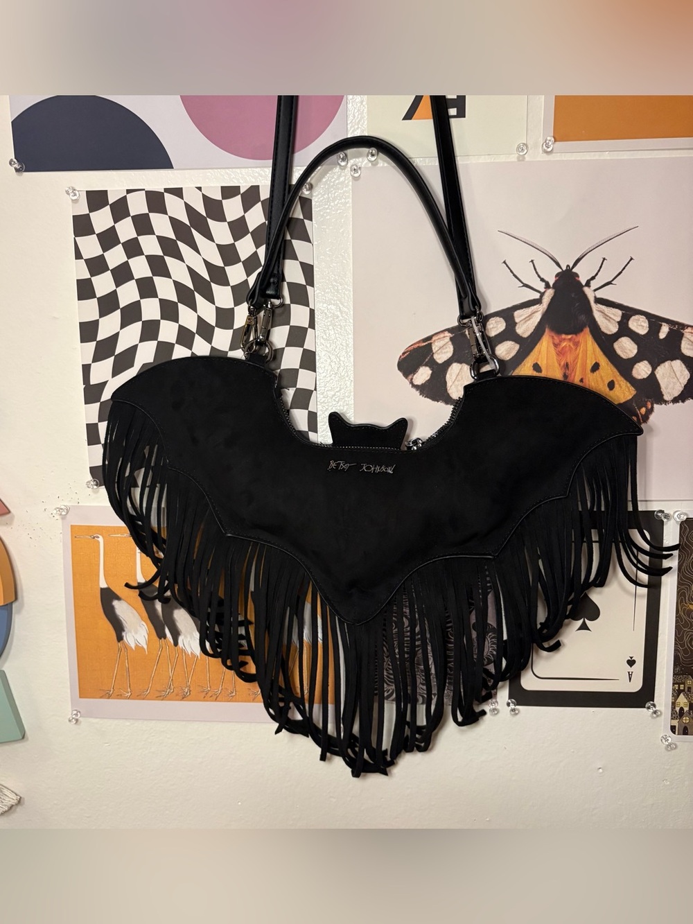 Betsey Johnson Xoblaire Black Bat Fringe Crossbody Bag NWT